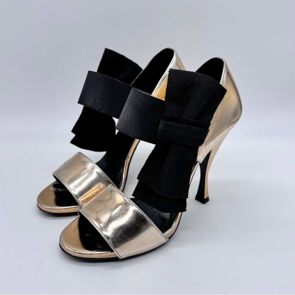 Prada Metallic Gold Leather Bow Embellished Elastic Strap Sandals 36.5